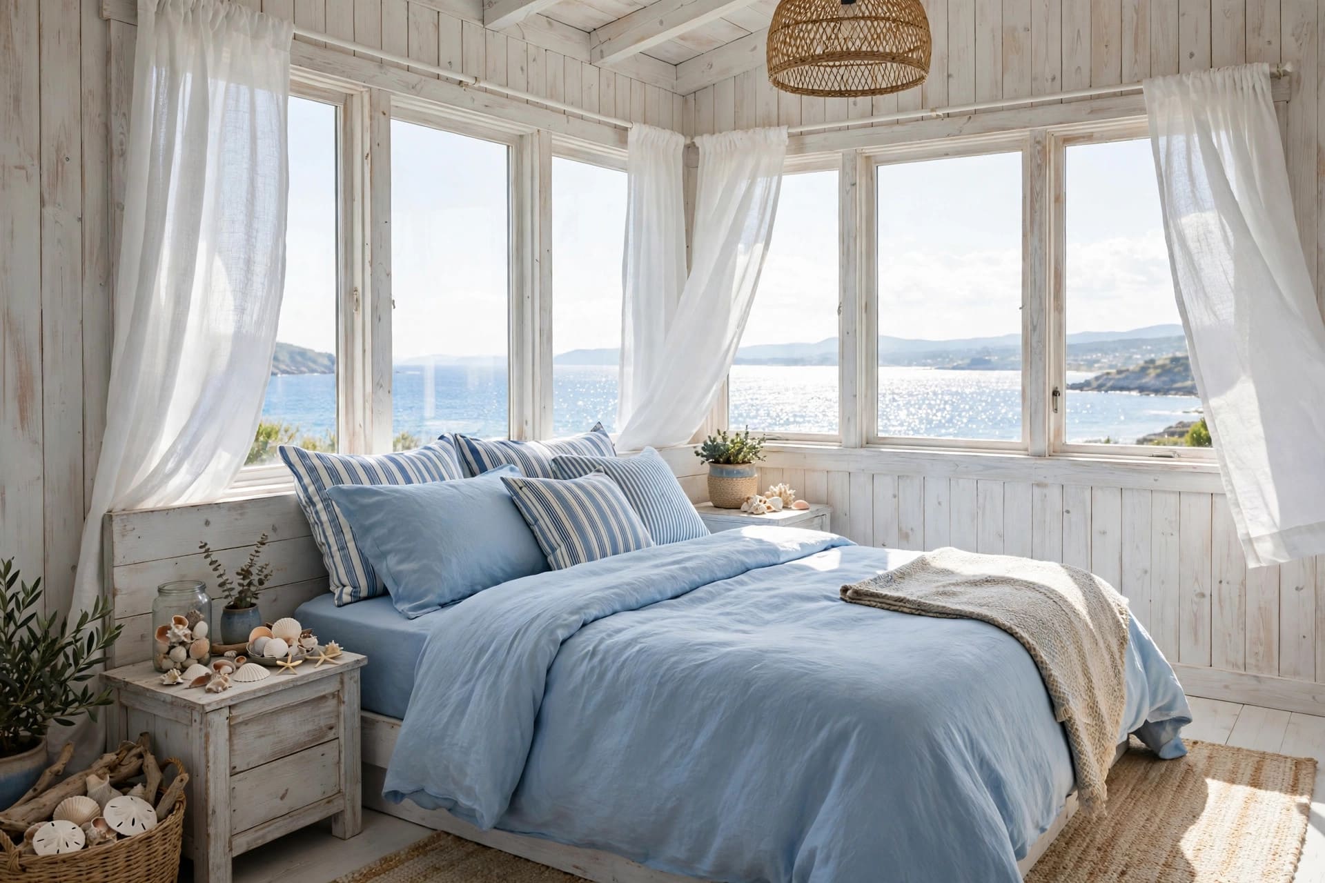 blue bedroom: centred bed against a deep-toned headboard wall