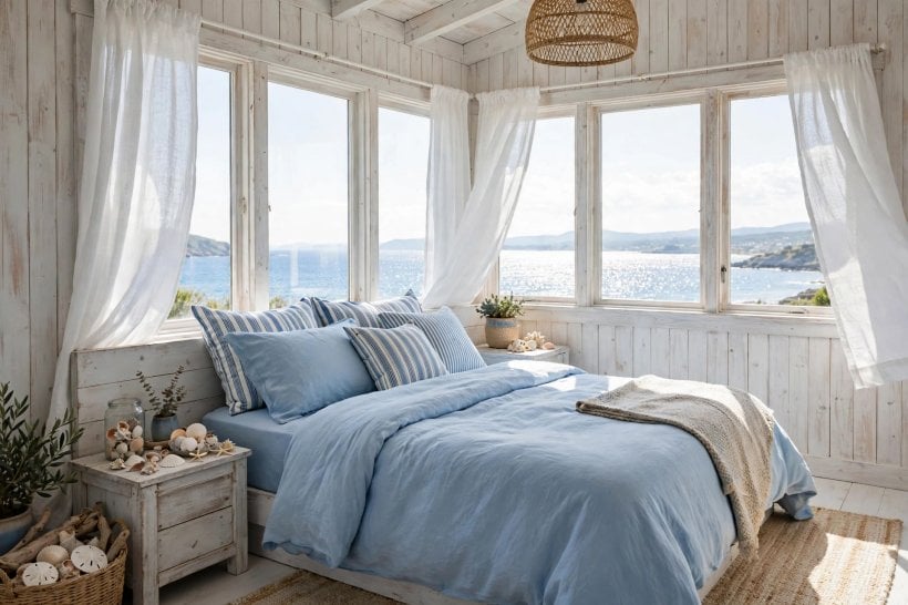 blue bedroom: centred bed against a deep-toned headboard wall