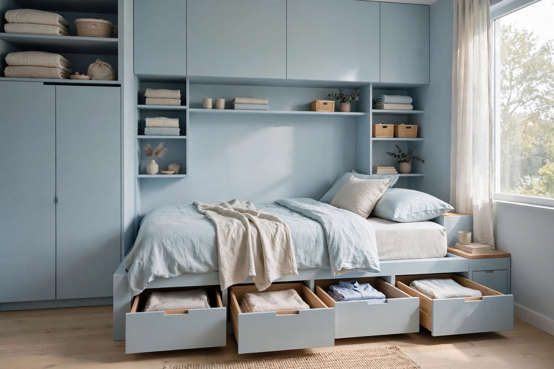 blue bedroom: layered white bedding with a deep-toned throw