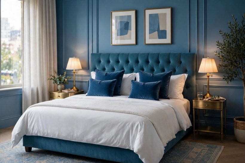 blue bedroom: panelled headboard wall with a pair of calm prints