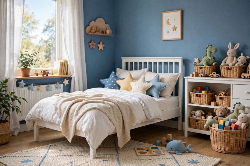 blue bedroom: painted-out wardrobe doors and a bedside drawer