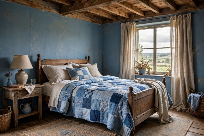 blue bedroom: reading wall lights and full-length lined curtains