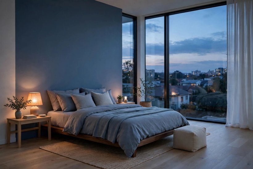 blue bedroom: deep-pile rug and natural linen textures