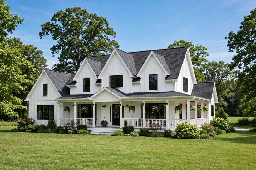 board and batten house: wide vertical boards with even batten spacing on a pale gable