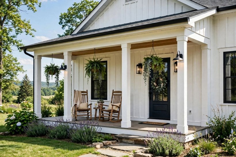 board and batten house: vertical siding paired with stone at the base of the wall