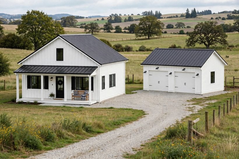 board and batten house: dark framed windows set into pale vertical siding with neat trim