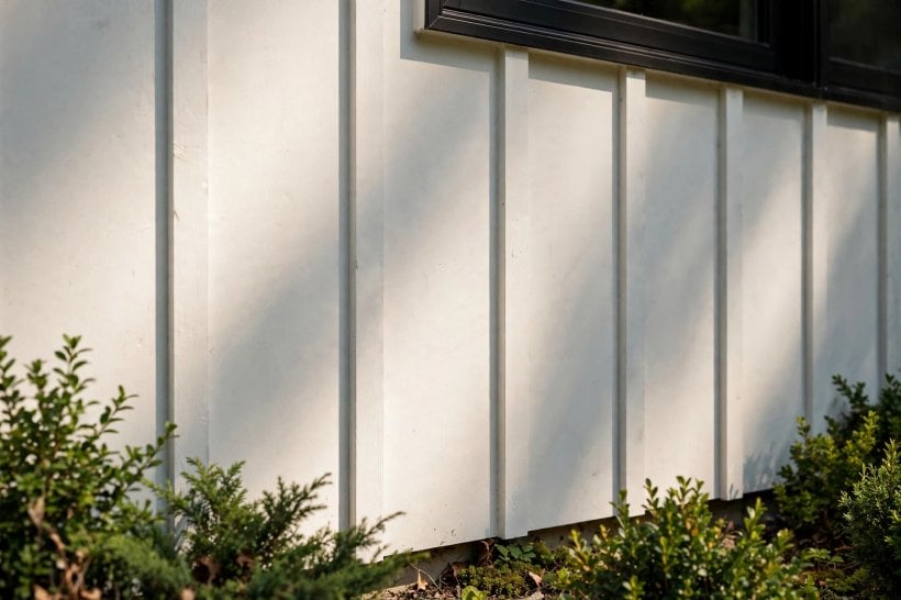 board and batten house: vertical siding above a neat gravel margin at the base of the wall