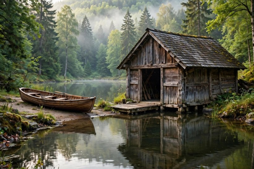 boathouse design: open boat bay with timber doors at the water