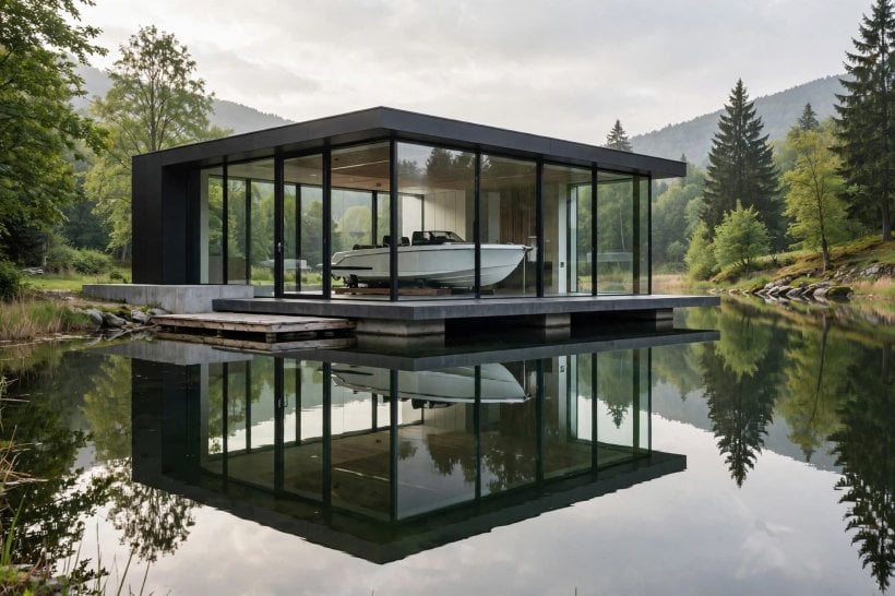 boathouse design: weathered timber cladding and shutters by the lake