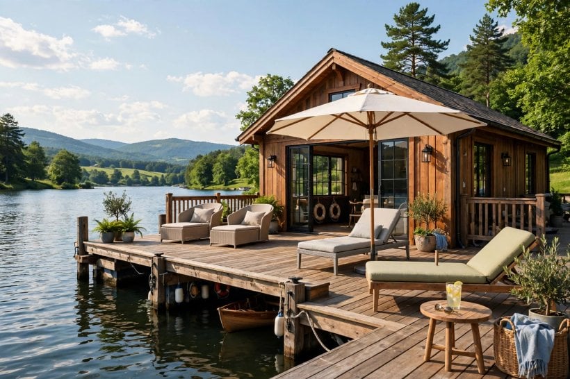 boathouse design: cosy sitting space with windows facing the water