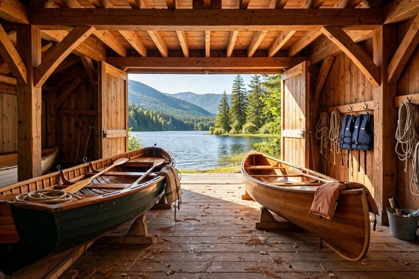 boathouse design: organised storage for kayaks, oars and life jackets