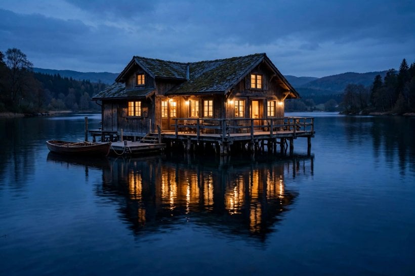 boathouse design: bright interior with large windows over the lake