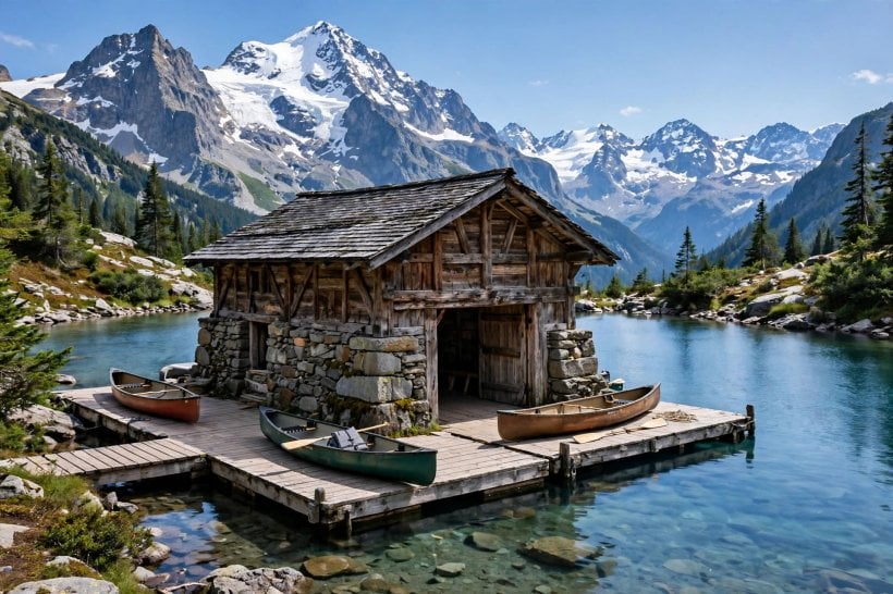 boathouse design: planting and a path framing a lakeside boathouse
