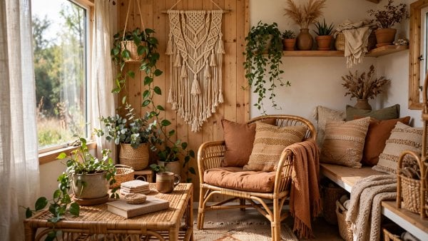 boho tiny house with layered textiles, earthy tones and jewel accents in a small relaxed living space