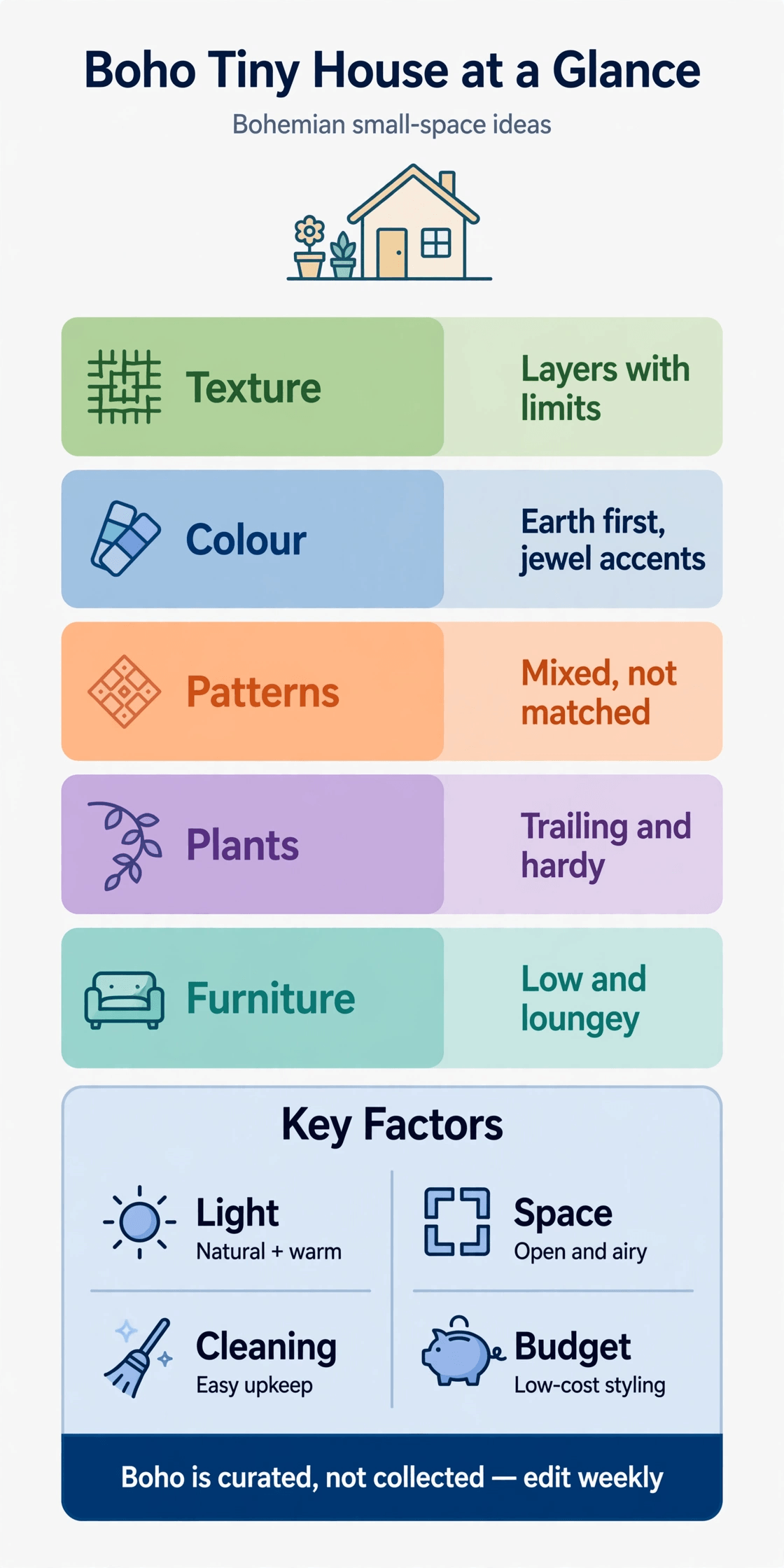 boho tiny house infographic with palette, pattern, plant and furniture ideas to copy