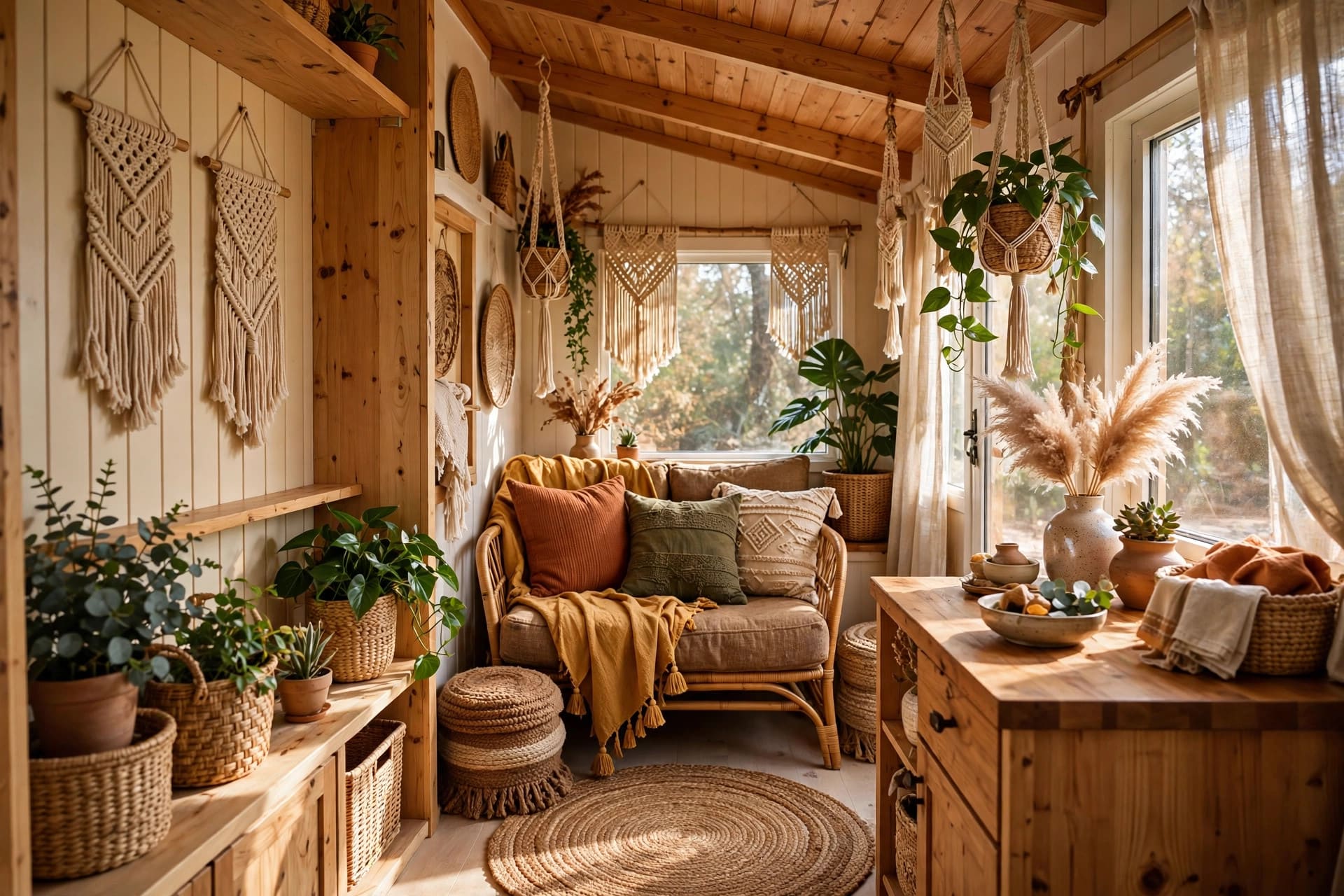 boho tiny house interior design layered textiles earthy colours and woven textures in a small living space