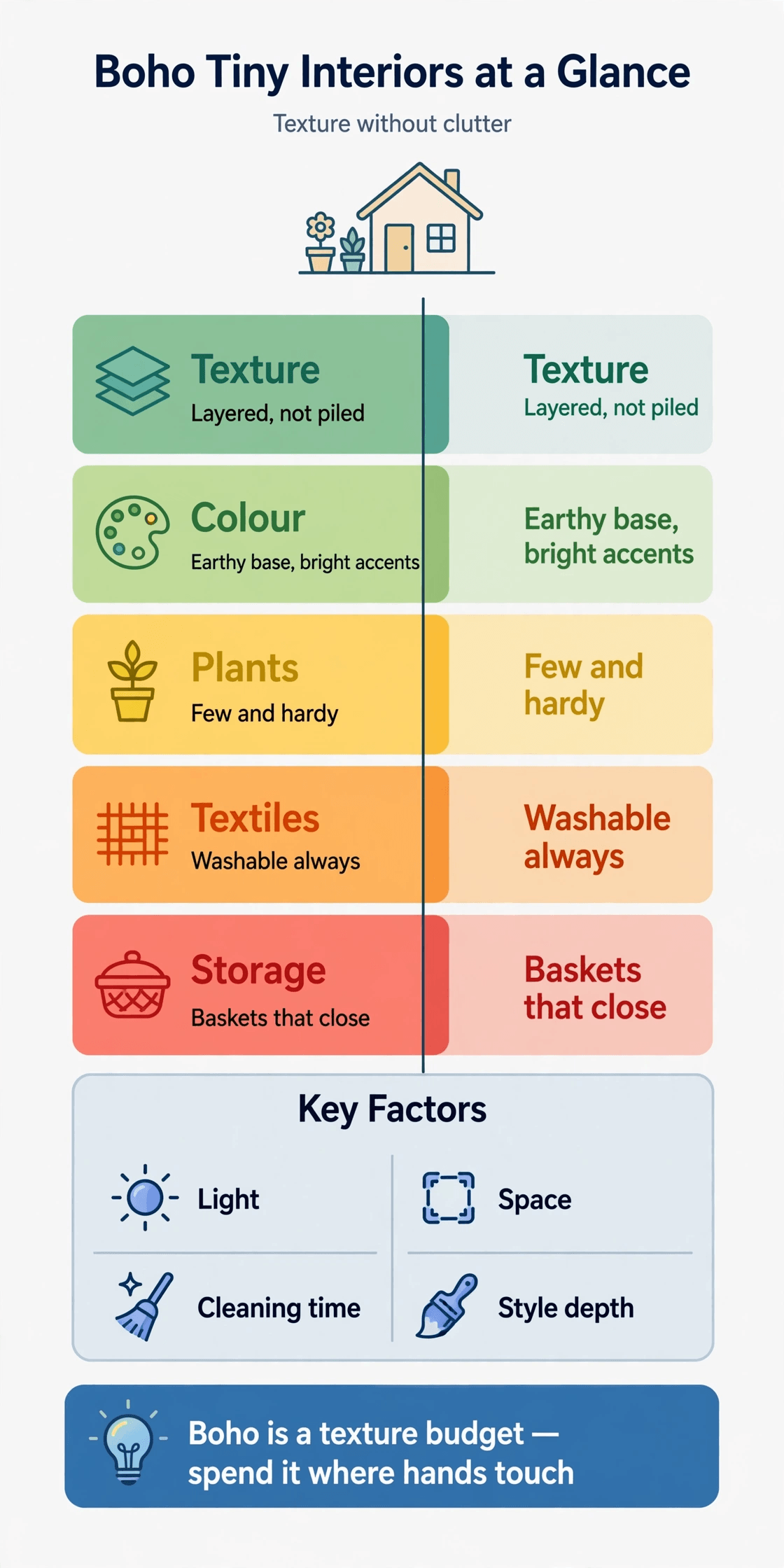 boho tiny house interior design summary infographic covering texture palette plants textiles and basket storage