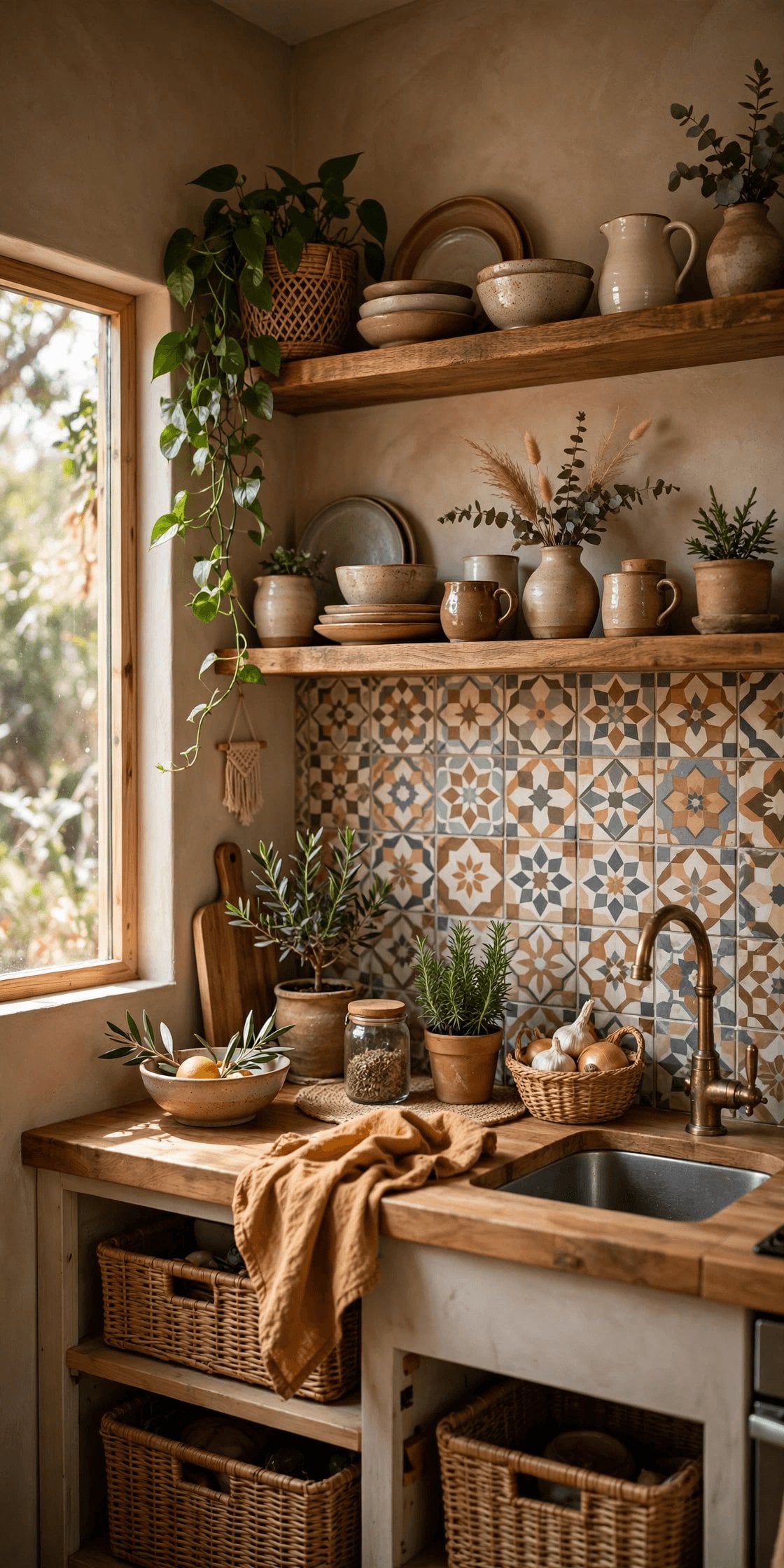 boho tiny house corner with woven textures, floor cushions and edited layers that keep a small room calm