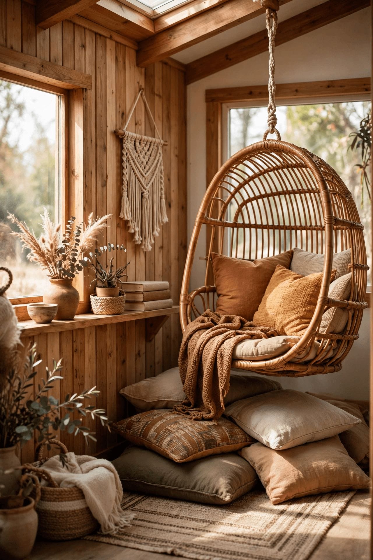 boho tiny house styling with mixed patterns, trailing plants and low lounge seating in warm natural light
