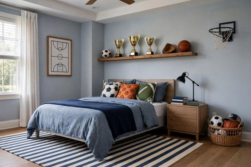 boy room ideas: play zone with rug and toy storage