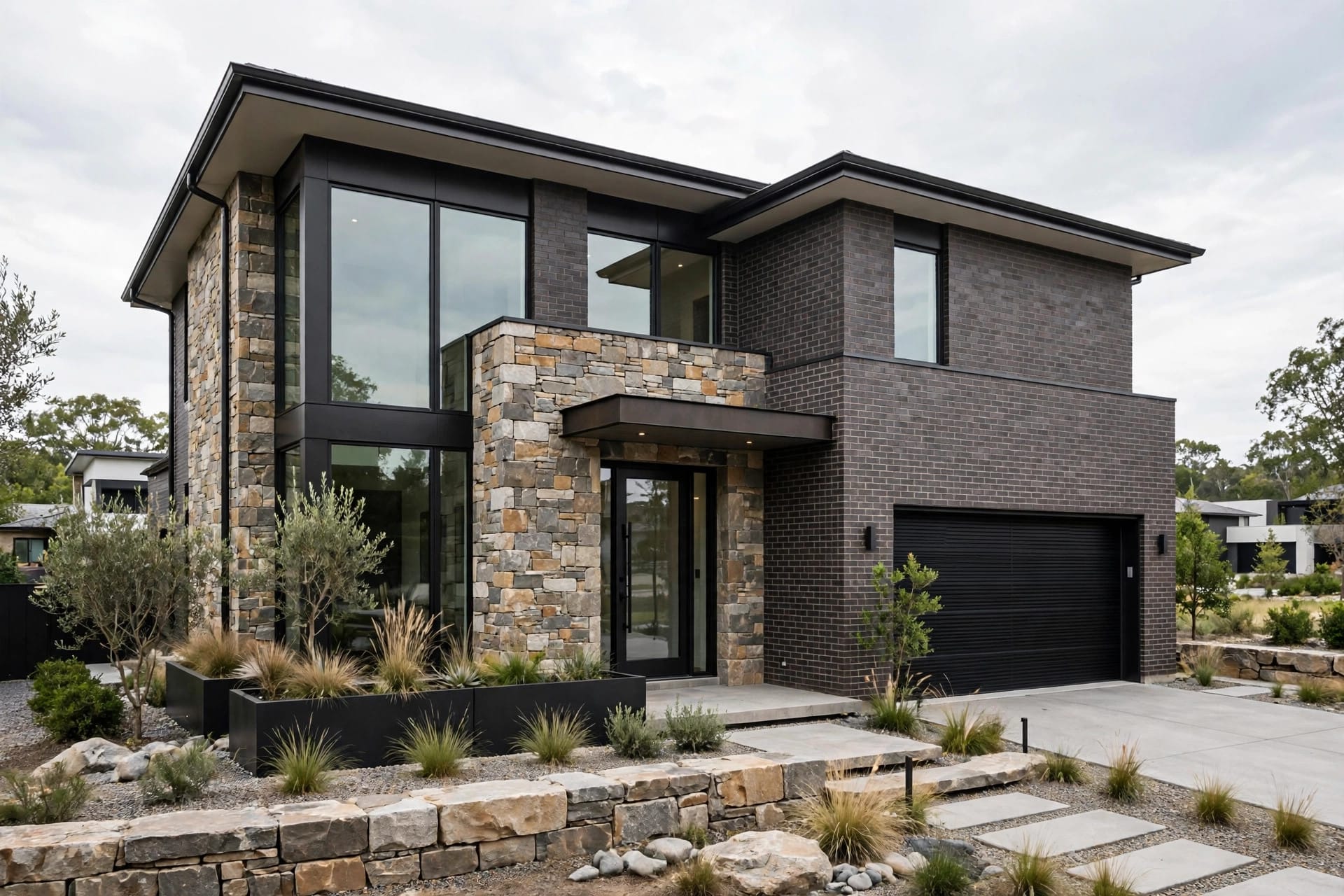 brick and siding house: brick lower storey with pale siding above