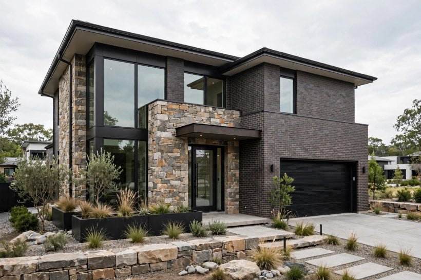 brick and siding house: brick lower storey with pale siding above