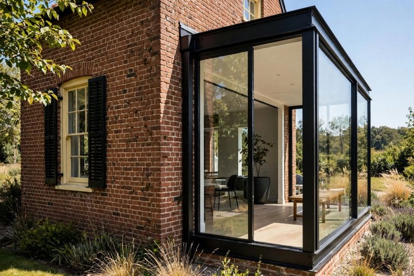 1950s brick house modern addition: rear extension with tall glazing opening onto a paved garden terrace