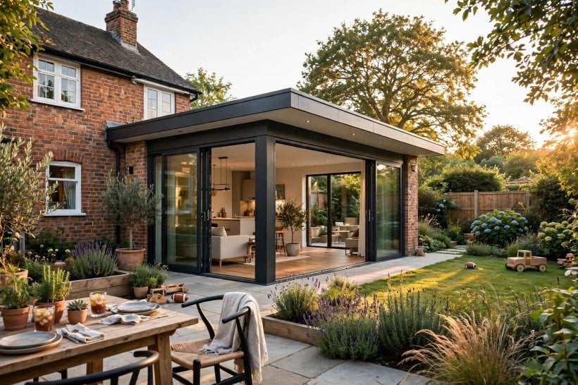 1950s brick house modern addition: brick-matched extension wall with carefully toned mortar joints