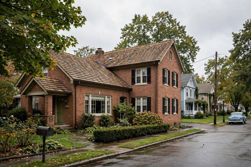 1950s brick house modern addition: pitched roof extension with tiles echoing the original house