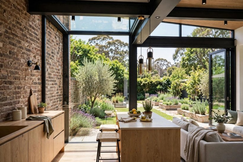 1950s brick house modern addition: glazed corner and roof lights bringing daylight deep into the plan