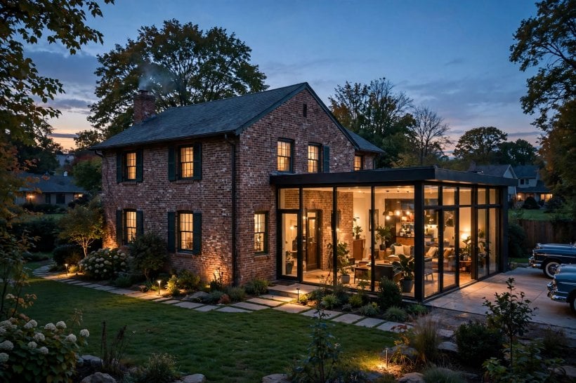 1950s brick house modern addition: insulated masonry walls and neat flashing details at the junction with the old house