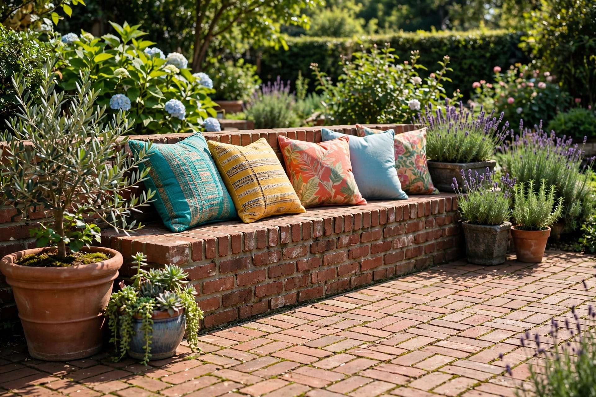 brick patio: herringbone-laid terrace with a dining set