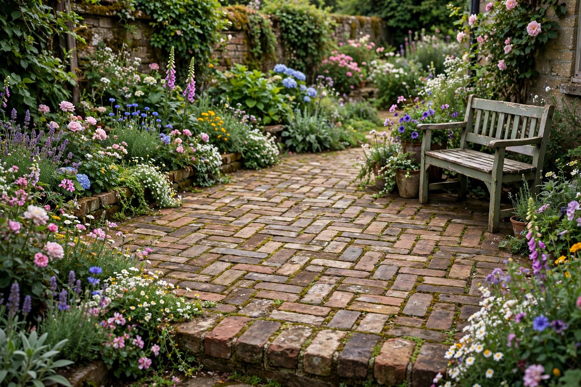 brick patio: cushioned sofa and chairs around a low table