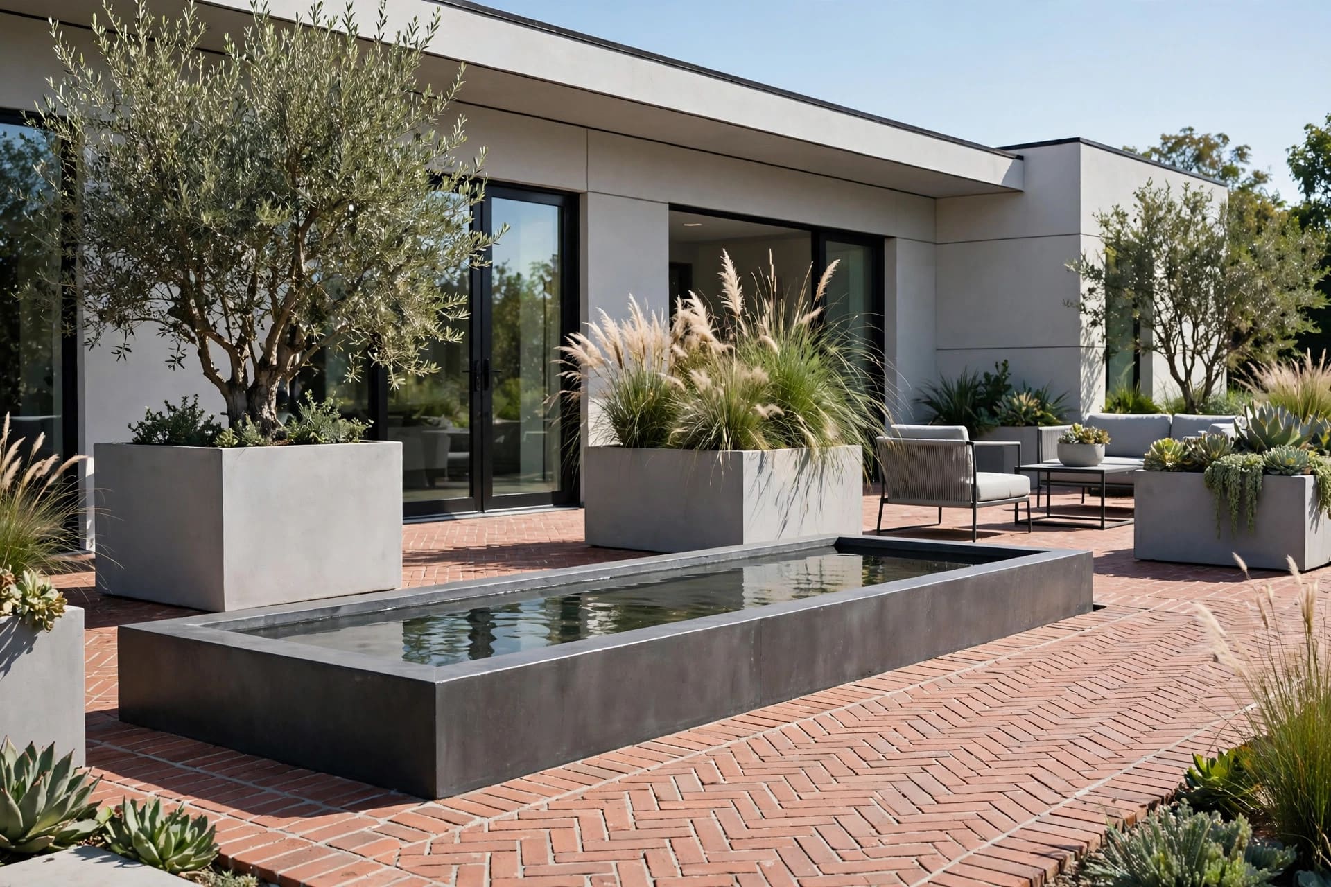 brick patio: pergola shade over a brick terrace with climbers
