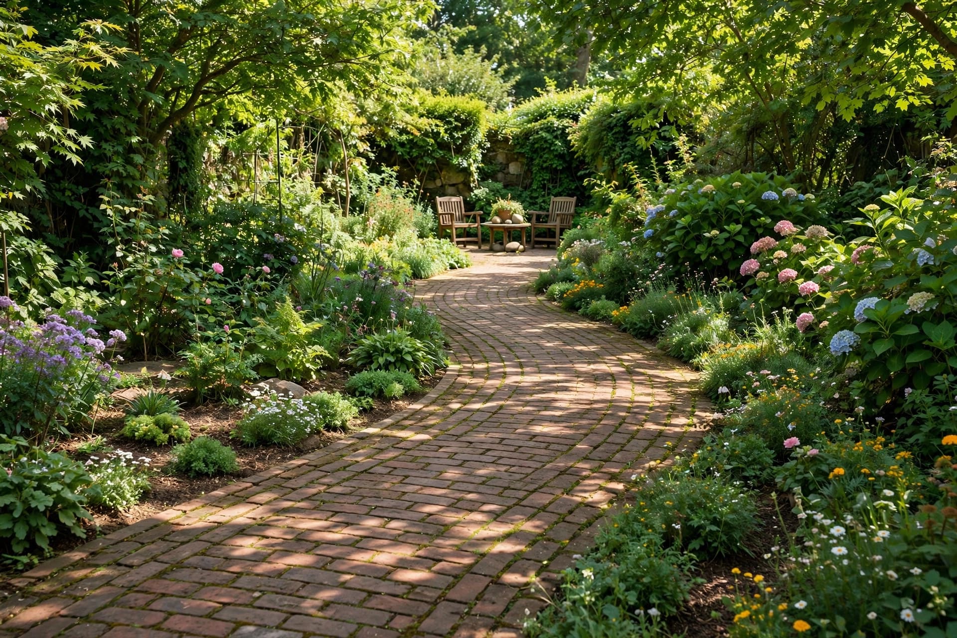 brick patio: planted borders softening the edge of the bricks