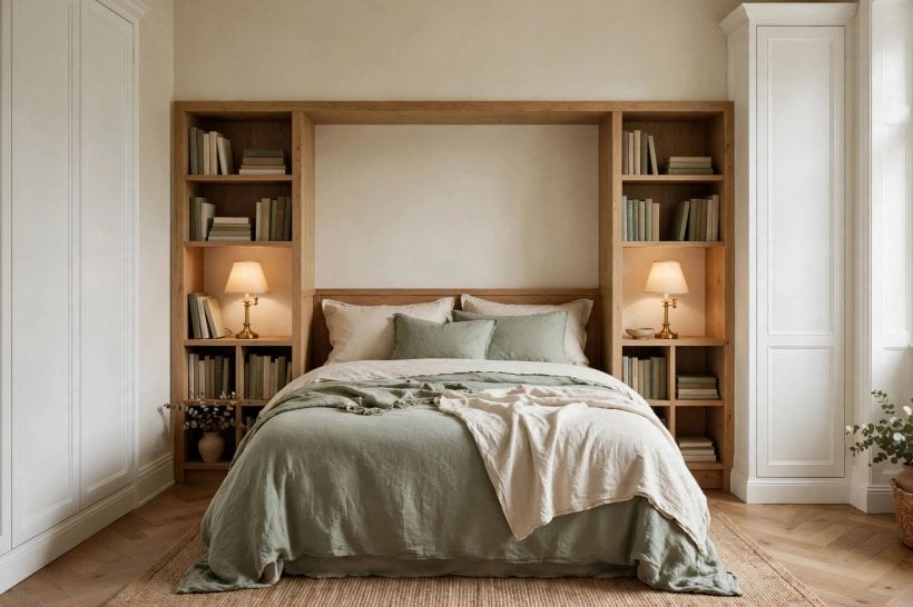 small bedroom built ins: shelves and cupboards fitted into an alcove