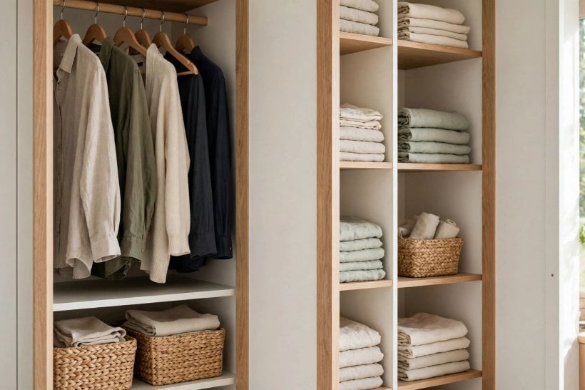 small bedroom built ins: drawers, rails and shelves organised inside a wardrobe