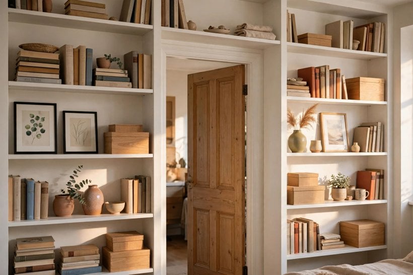 small bedroom built ins: softly lit open shelves styled with books and a plant
