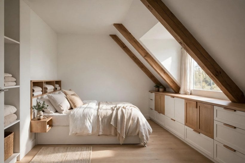 small bedroom built ins: calm bedroom with clear surfaces and layered bedding