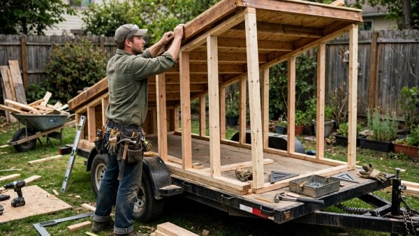 owner-builder framing the wall of a tiny house on its trailer in a backyard