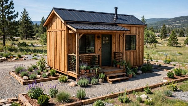 finished wooden tiny house on a prepared homesite, ready for its new owner