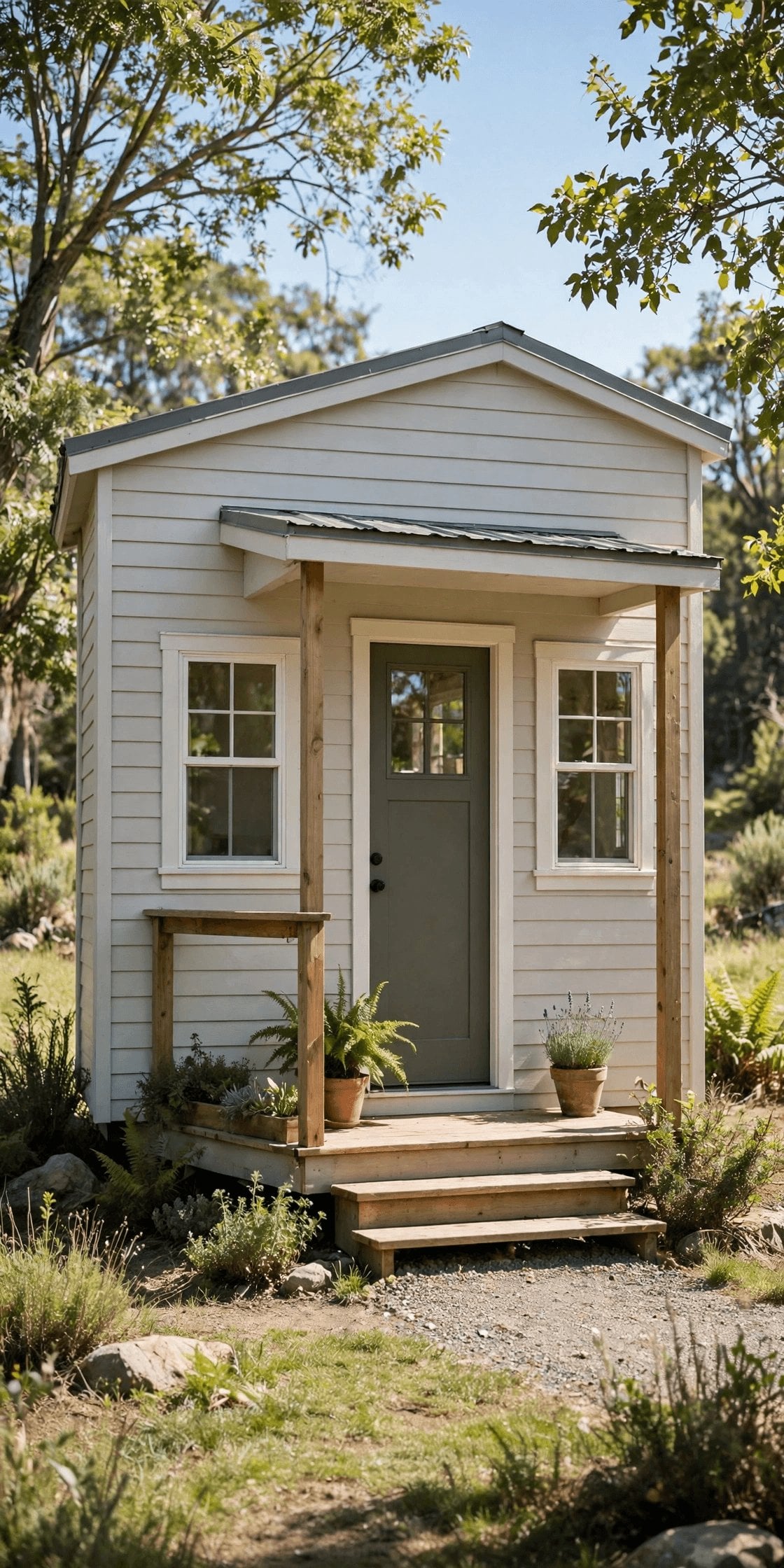 cheap tiny homes pin showing a small simple shell finished in phases