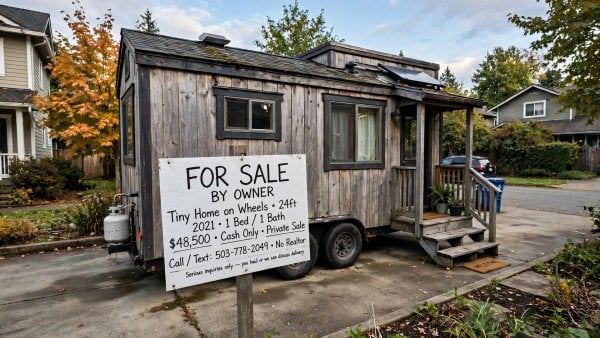 Small used tiny house on wheels parked on a driveway, photographed for a local sale listing