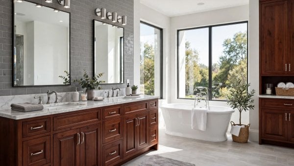 gray and white bathroom with cherry cabinets
