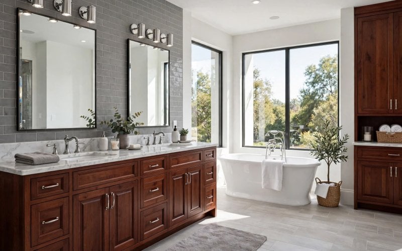gray and white bathroom with cherry cabinets
