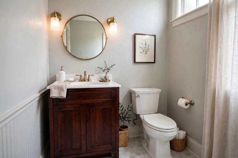 gray and white bathroom with cherry cabinets: L-shaped vanity run turning a corner beside a tall storage unit