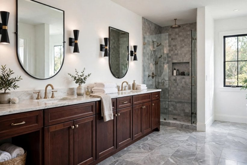 gray and white bathroom with cherry cabinets: pale stone worktop and matching upstand above dark wood drawers