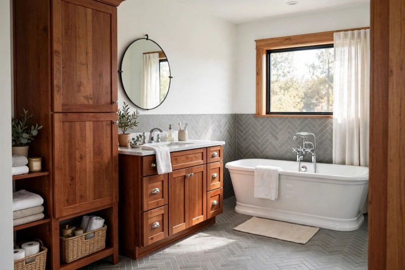 gray and white bathroom with cherry cabinets: mirrored cabinet and chrome fittings reflecting daylight