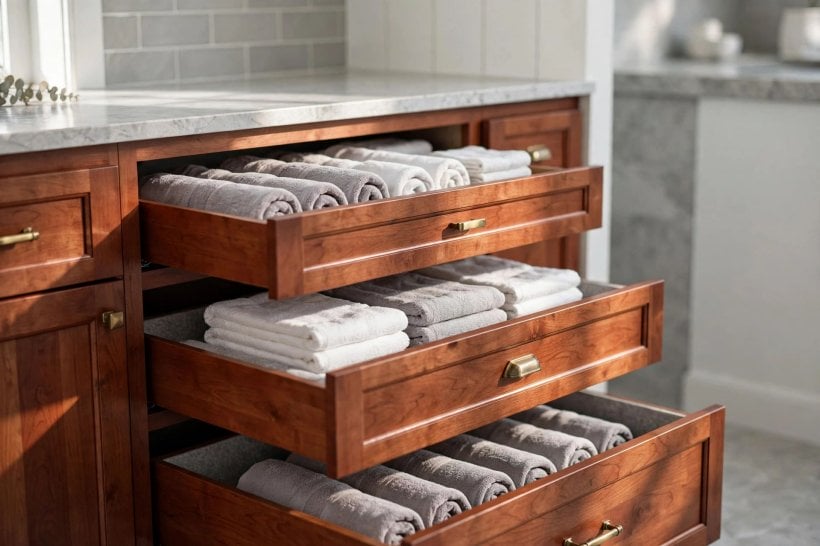 gray and white bathroom with cherry cabinets: deep vanity drawers organised with dividers and tall bottles
