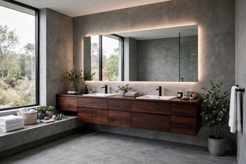 gray and white bathroom with cherry cabinets: large gray floor tiles and white wall tiles balancing dark wood